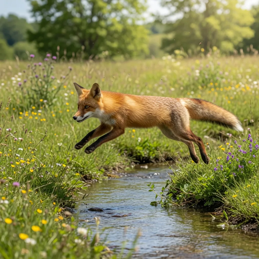 A red fox leaping over a stream in a green meadow, all four legs extended mid-air