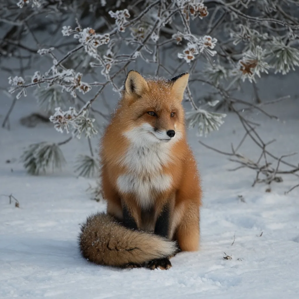 A red fox in a snowy landscape, thick winter coat, bushy tail curled around its paws