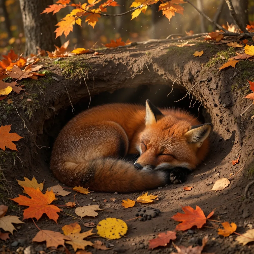 A red fox curled up in its earthy den entrance, surrounded by autumn leaves