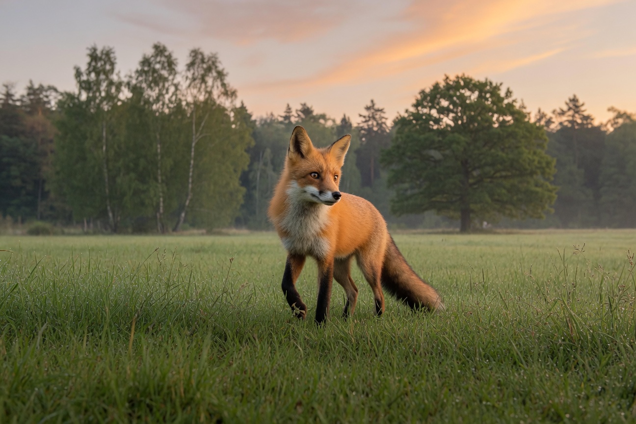 A red fox walks through a grassy field with a forest in the background at sunset.