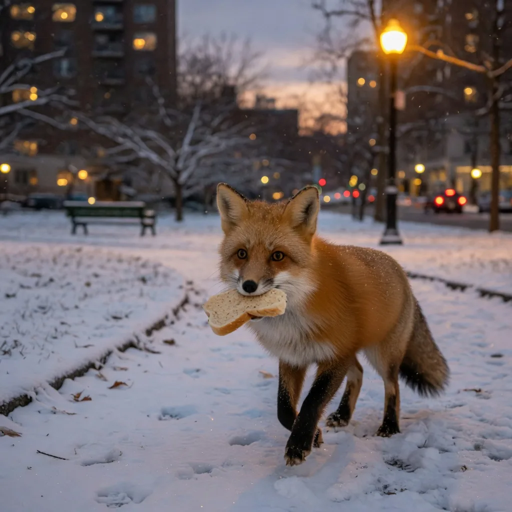 A red fox trotting through a snow-dusted city park at dusk, golden eyes alert