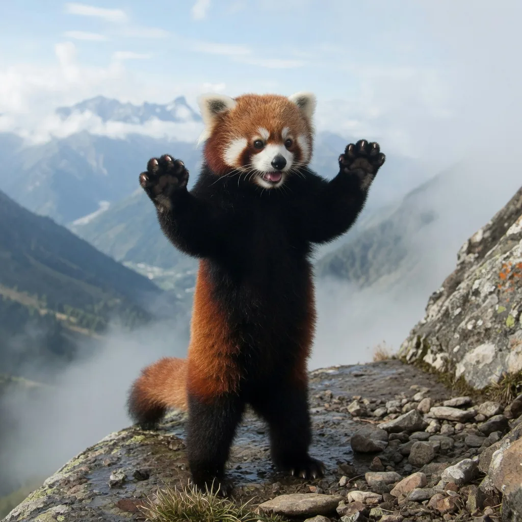 Red panda standing upright on hind legs in a defensive posture, front claws raised
