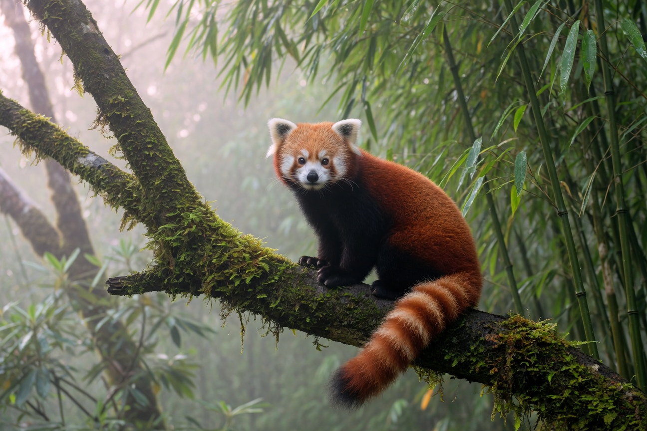 A red panda sits on a mossy branch with its striped tail hanging down in a misty bamboo forest.