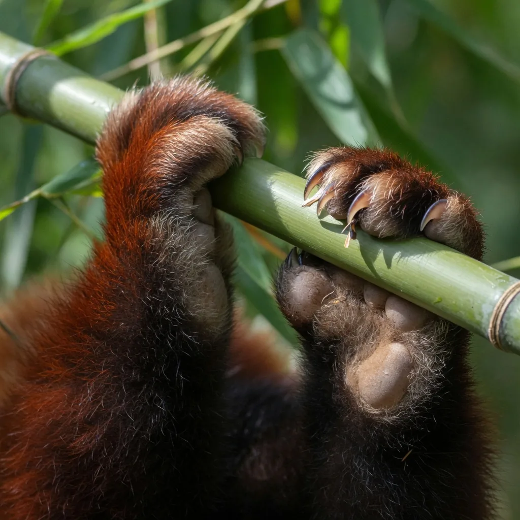 Close-up of red panda paws gripping bamboo, showing semi-retractable claws and the pseudo-thumb wrist bone