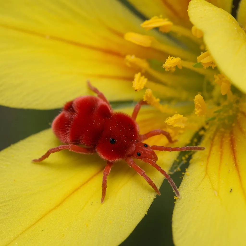 Red velvet mite on a yellow wildflower petal, scarlet body contrasting against bright yellow