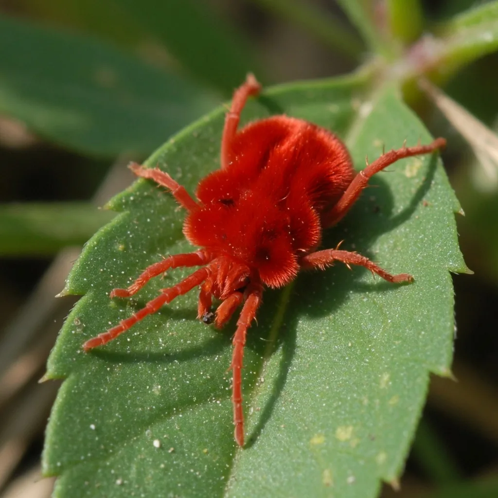Red velvet mite on a green leaf in northern India, scarlet body with fine velvety hairs