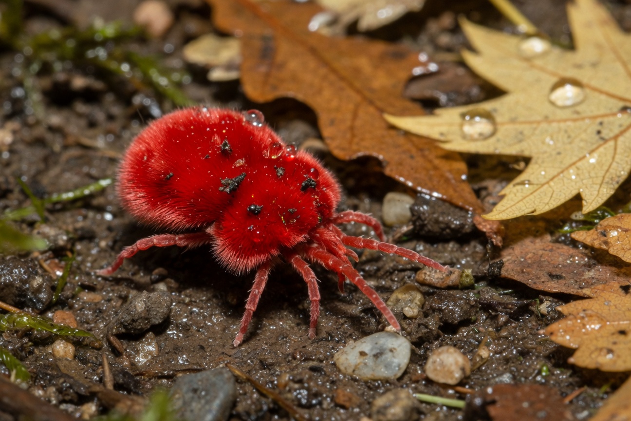 A bright red, fuzzy velvet mite crawls across damp soil near fallen leaves.
