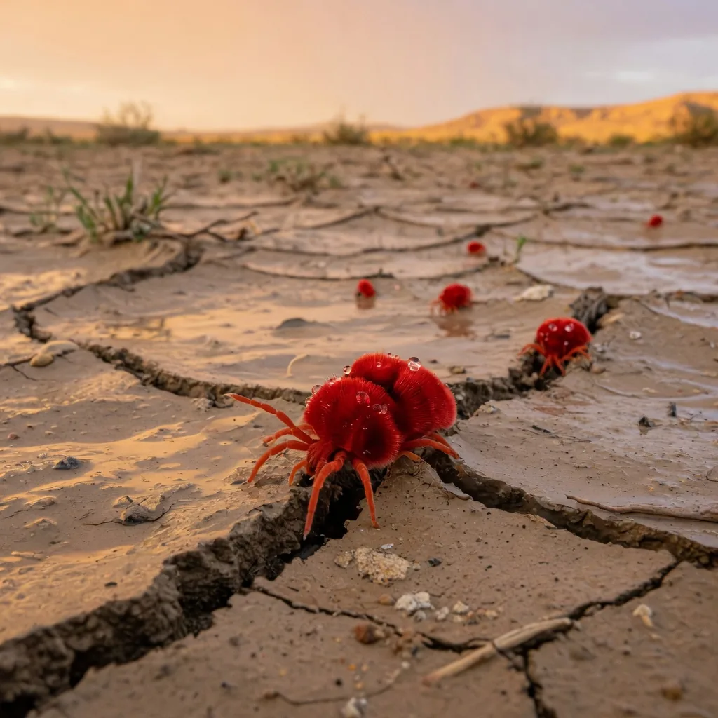 Red velvet mites emerging from dry desert soil after rainfall, scarlet bodies glistening wet