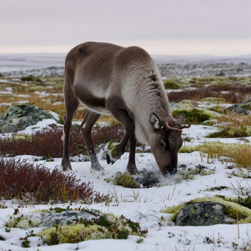 A reindeer digging through Arctic snow with its hooves to reach lichen and reindeer moss below