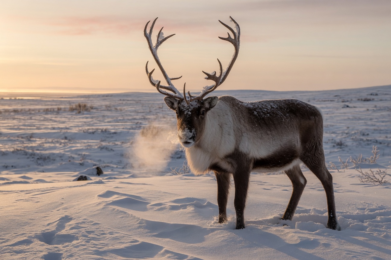 A reindeer stands in a snowy field exhaling visible breath, its large antlers reaching upward.