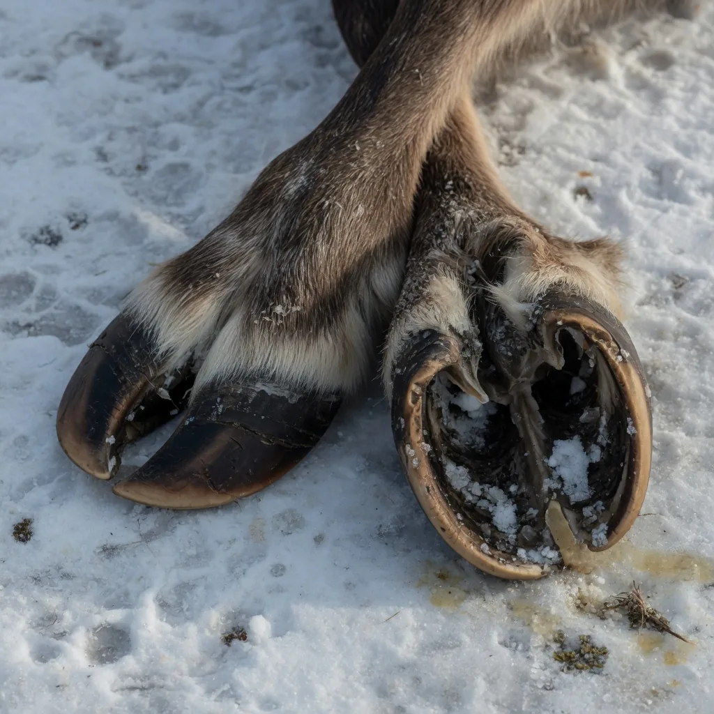Close-up of large, nearly circular reindeer hooves on icy snow, showing their snowshoe shape