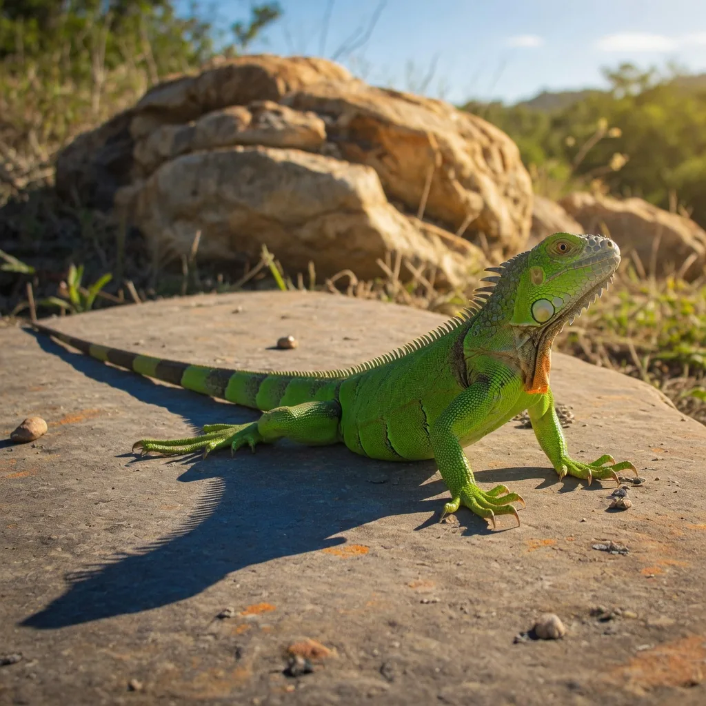 A green iguana basking on a sunlit rock, body fully outstretched to absorb warmth