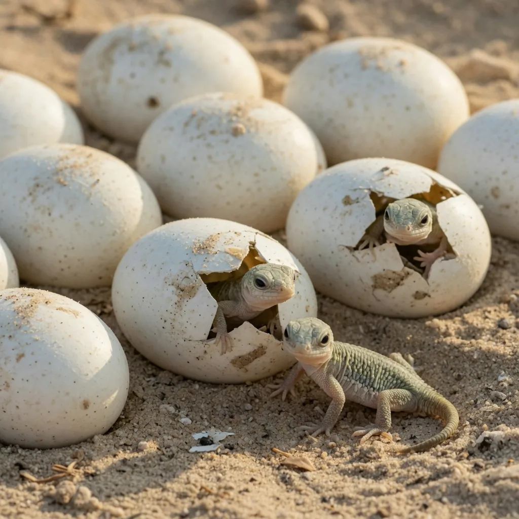 White leathery reptile eggs cracking open as tiny lizard hatchlings emerge