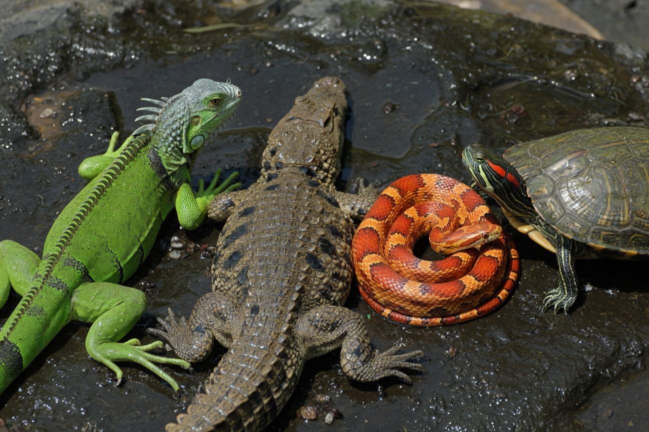 A green iguana, small crocodile, orange corn snake, and red-eared slider turtle resting together on a wet rock.