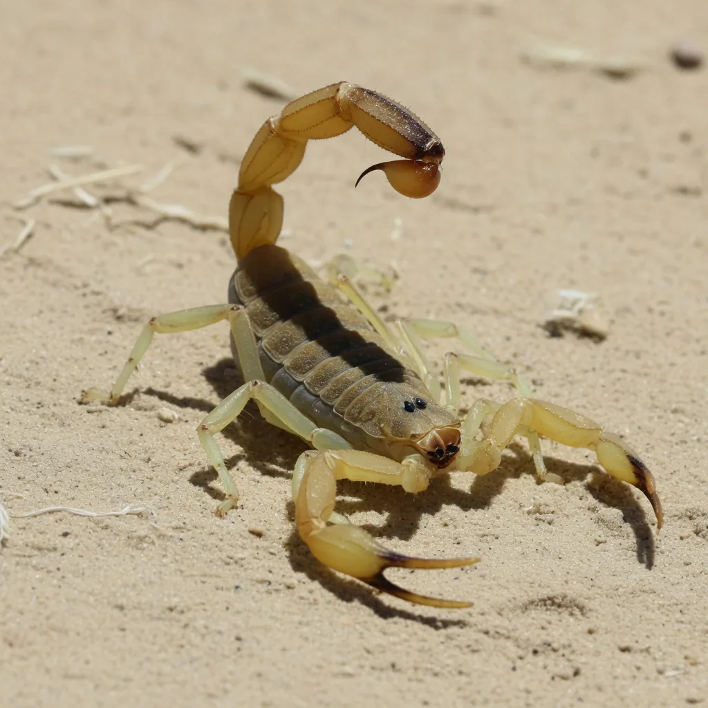 Deathstalker scorpion on pale desert sand showing its small dark-tipped pincers