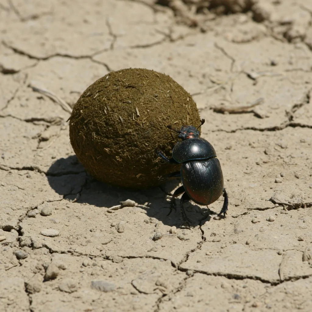 Dung beetle rolling a ball of dung across desert sand