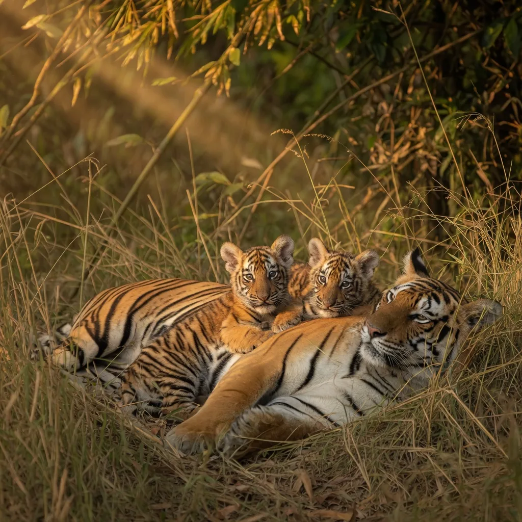 A Bengal tiger mother resting with two cubs nestled against her in tall jungle grass