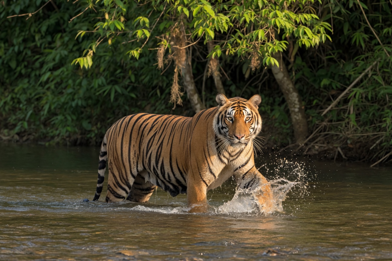 An orange tiger wades through a river, splashing water as it walks past a lush green forest.