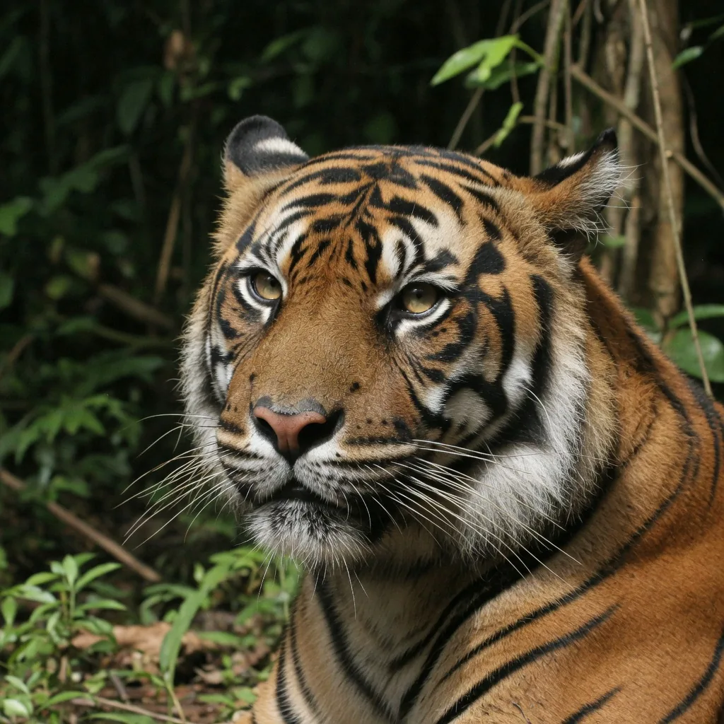 A Sumatran tiger close-up portrait showing vivid orange coat and black stripes