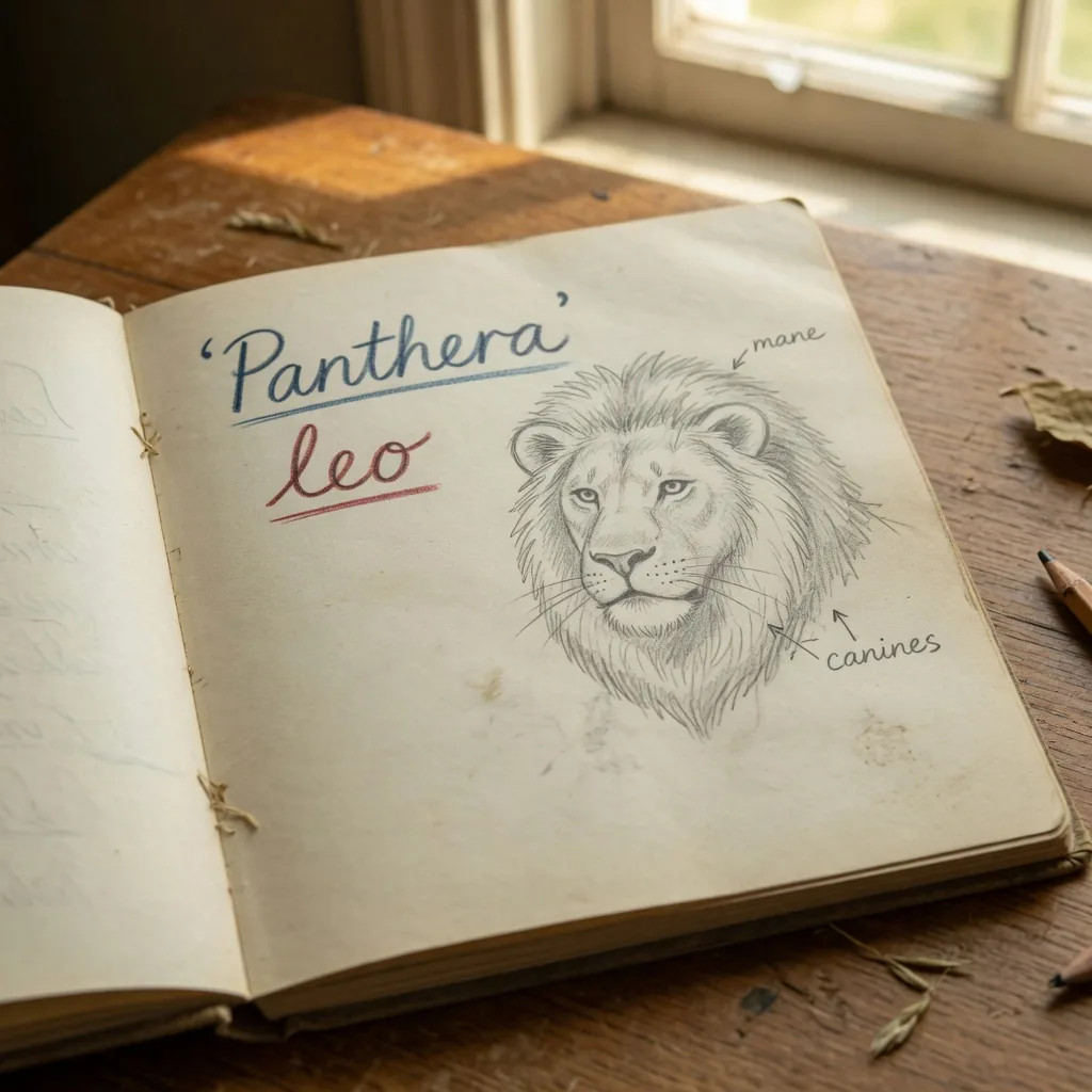 Field journal open to a page showing 'Panthera leo' written in italic script with a pencil sketch of a lion head, illustrating the two-part binomial naming system.