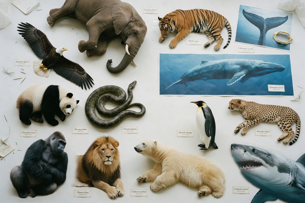 Models and photos of an elephant, tiger, eagle, panda, snake, penguin, cheetah, gorilla, lion, polar bear, and shark are arranged on a white surface.