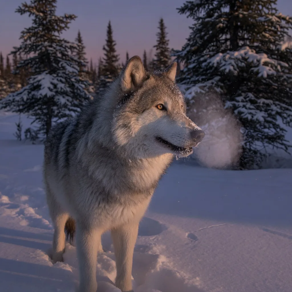 A gray wolf (Canis lupus) standing in a snowy boreal forest at dusk, breath visible in the cold air, amber eyes alert.