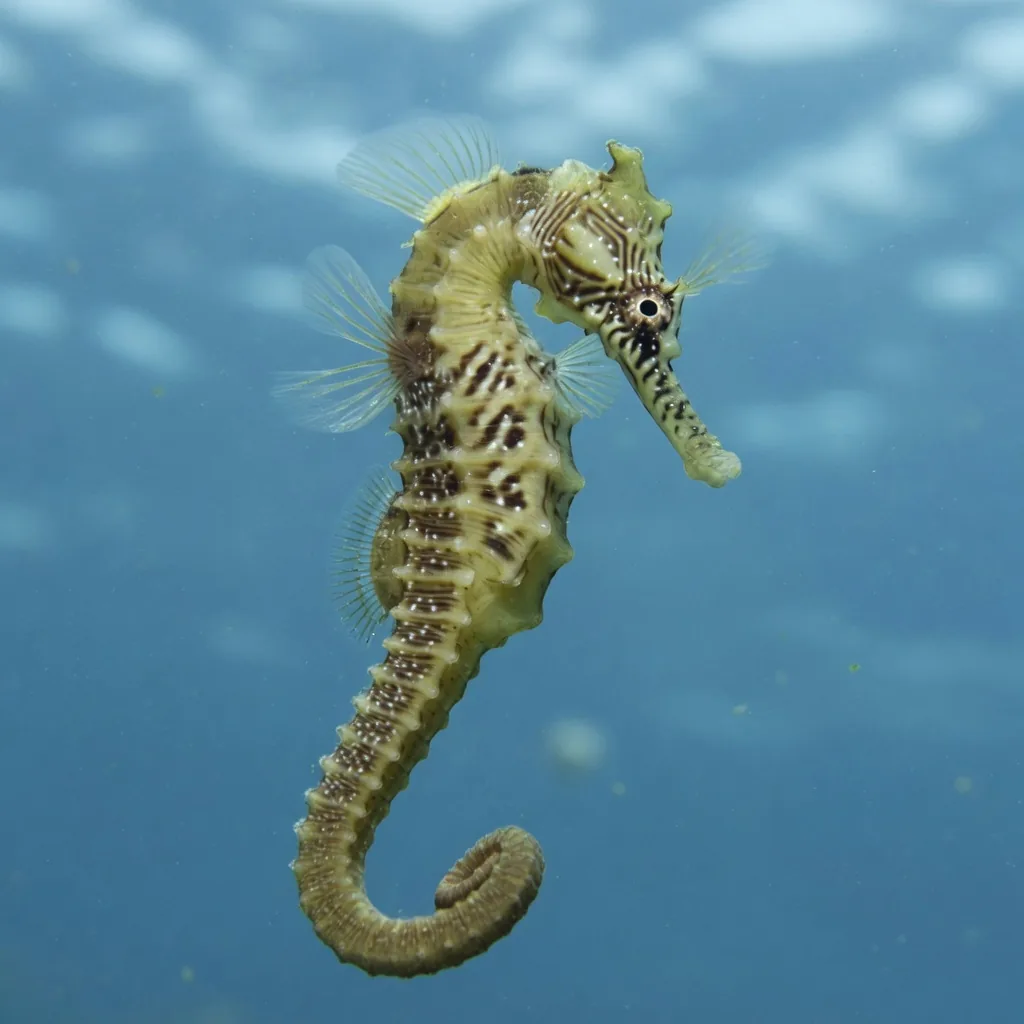 A seahorse swimming upright with dorsal and pectoral fins visible, showing the bony ring armour on its body