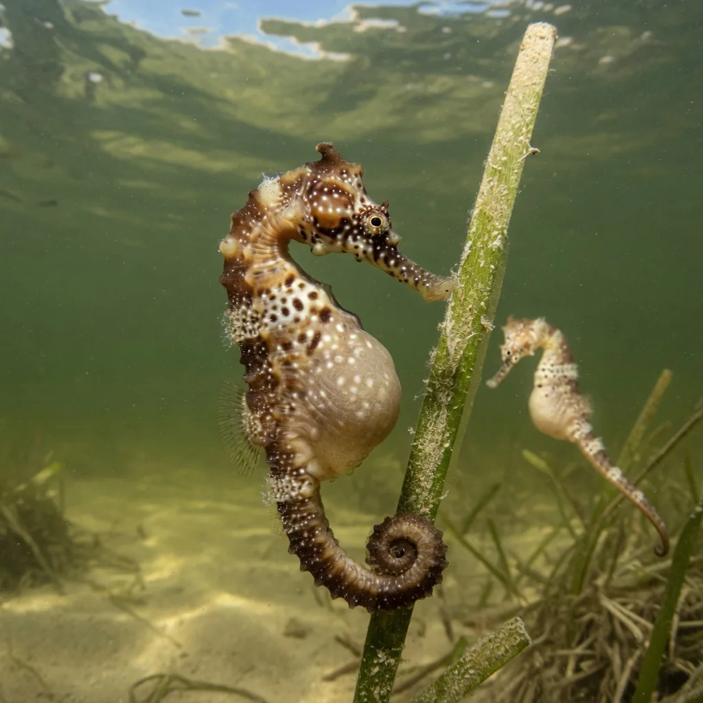 A pregnant male seahorse with a visibly swollen brood pouch clinging to a seagrass stem, a smaller female visible in the background