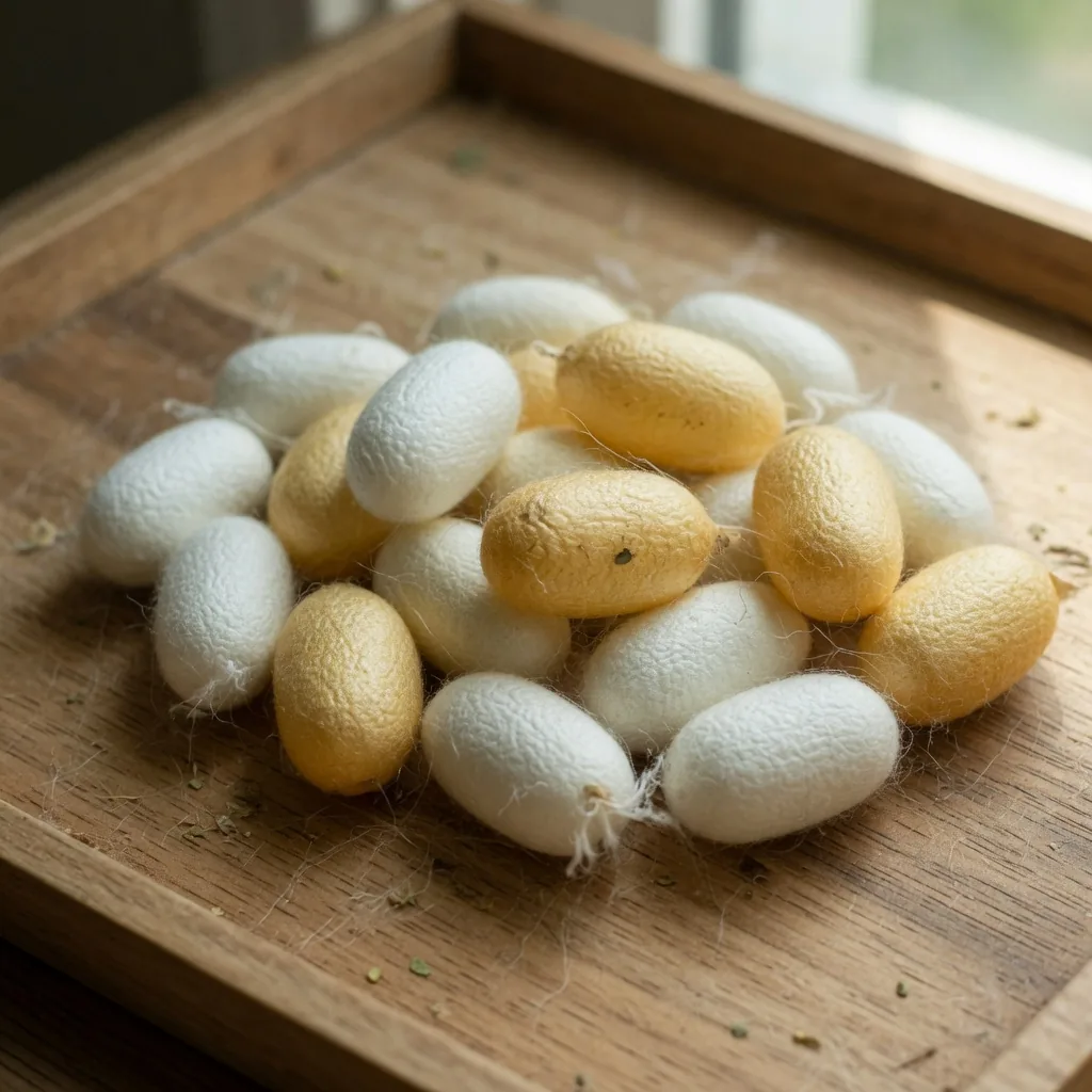 Several silkworm cocoons in shades from white to golden yellow, clustered together