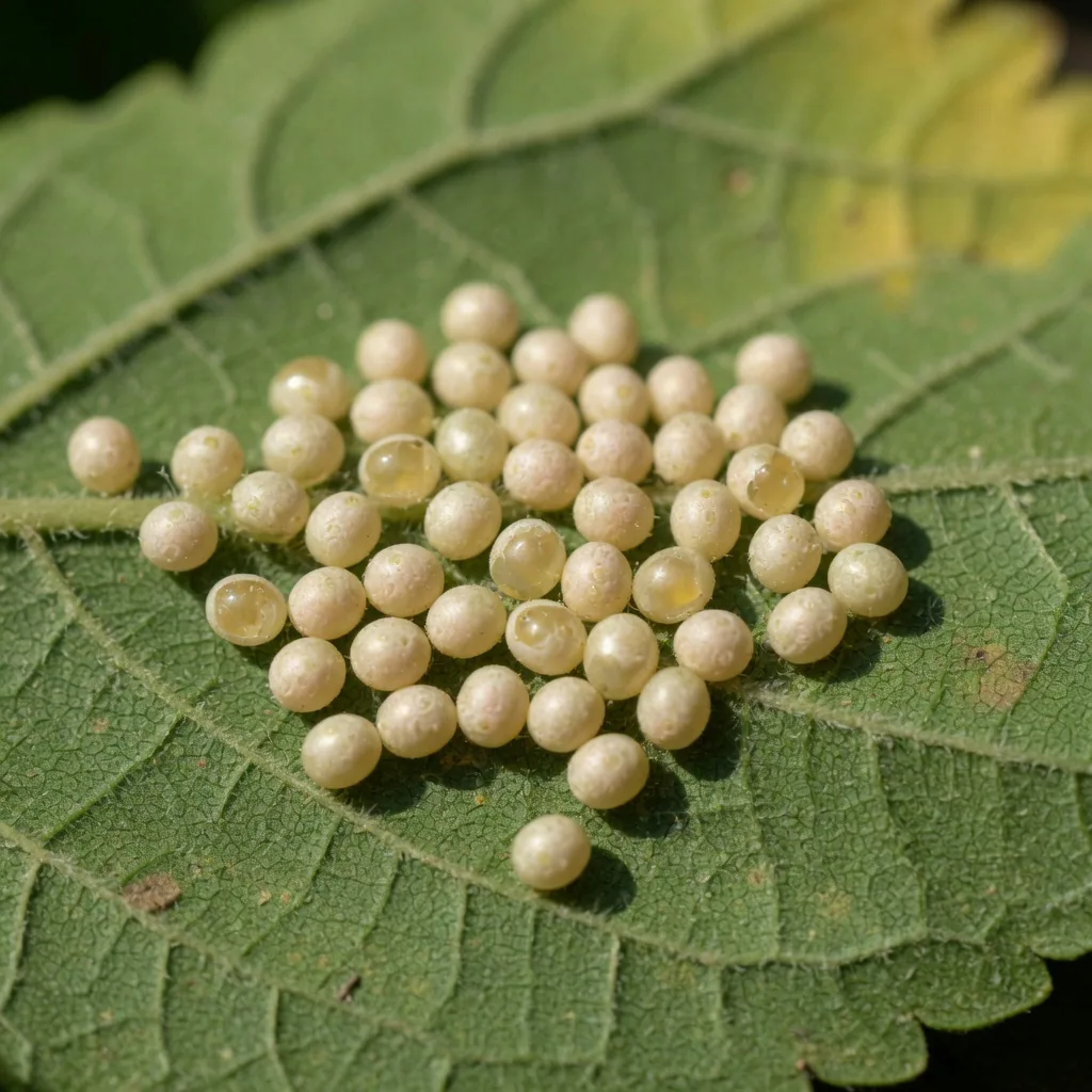 Tiny silkworm eggs laid on a leaf surface, each about the size of an ink dot