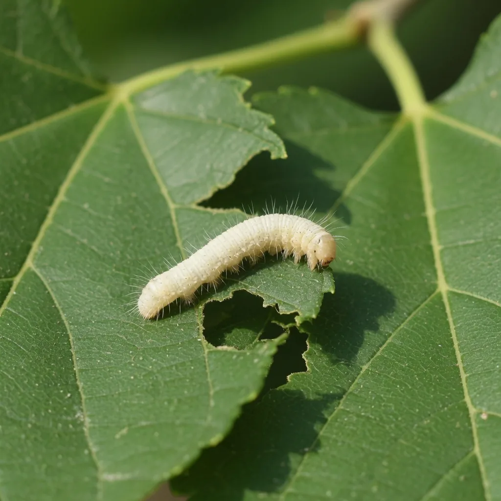 A tiny silkworm larva crawling on a fresh green mulberry leaf