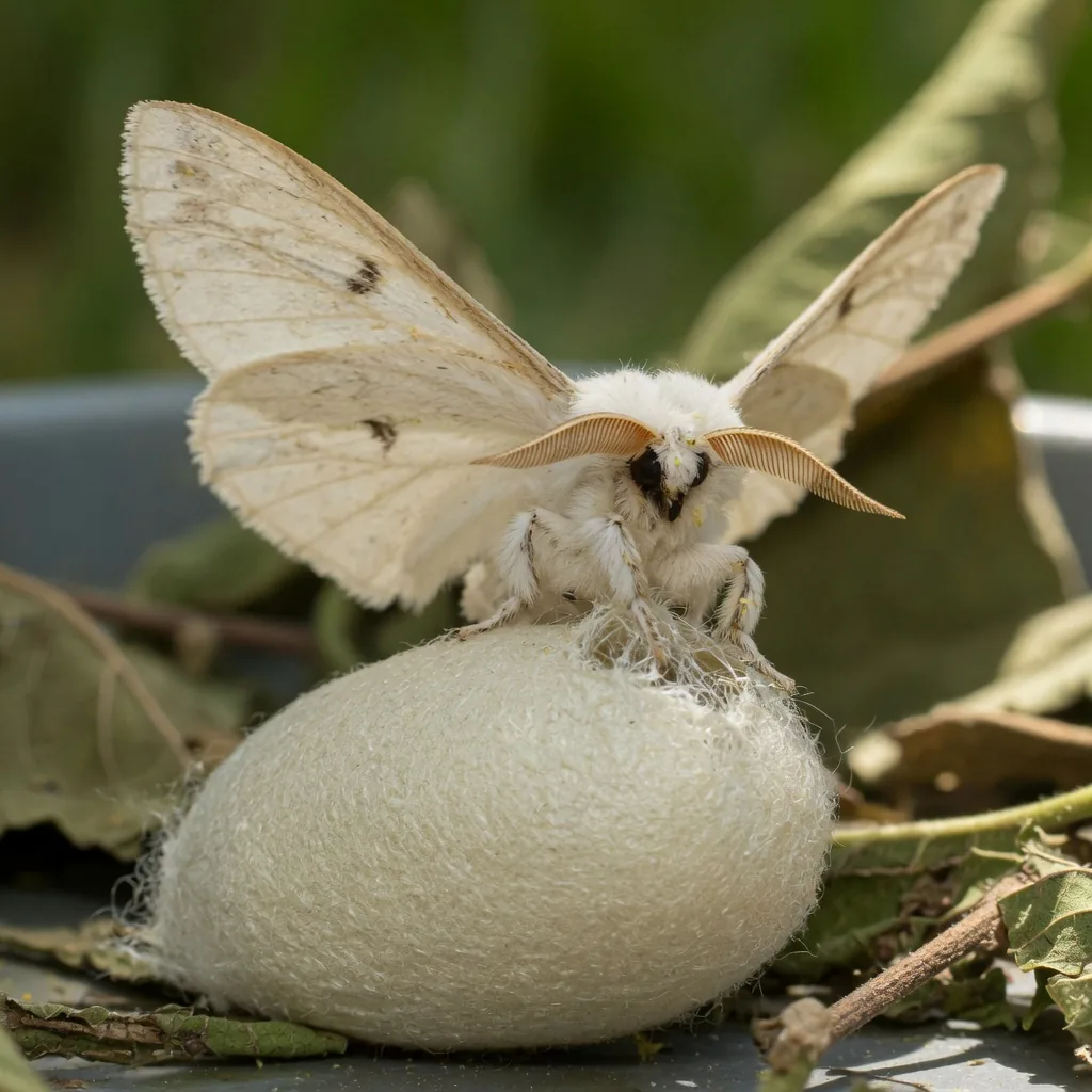 An adult Bombyx mori silkworm moth with white furry wings spread, freshly emerged from its cocoon