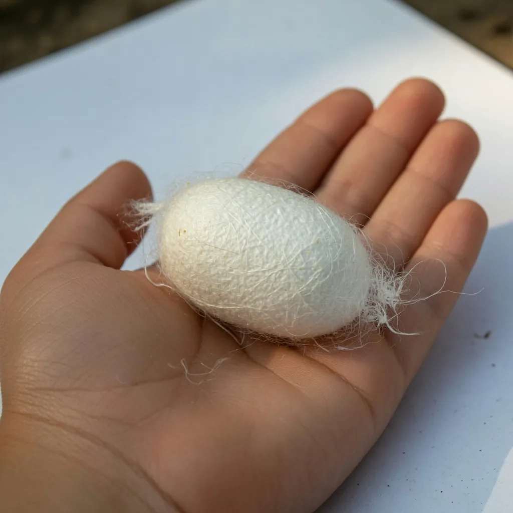 A single white silkworm cocoon resting in a child's palm, showing the fine silk fibers