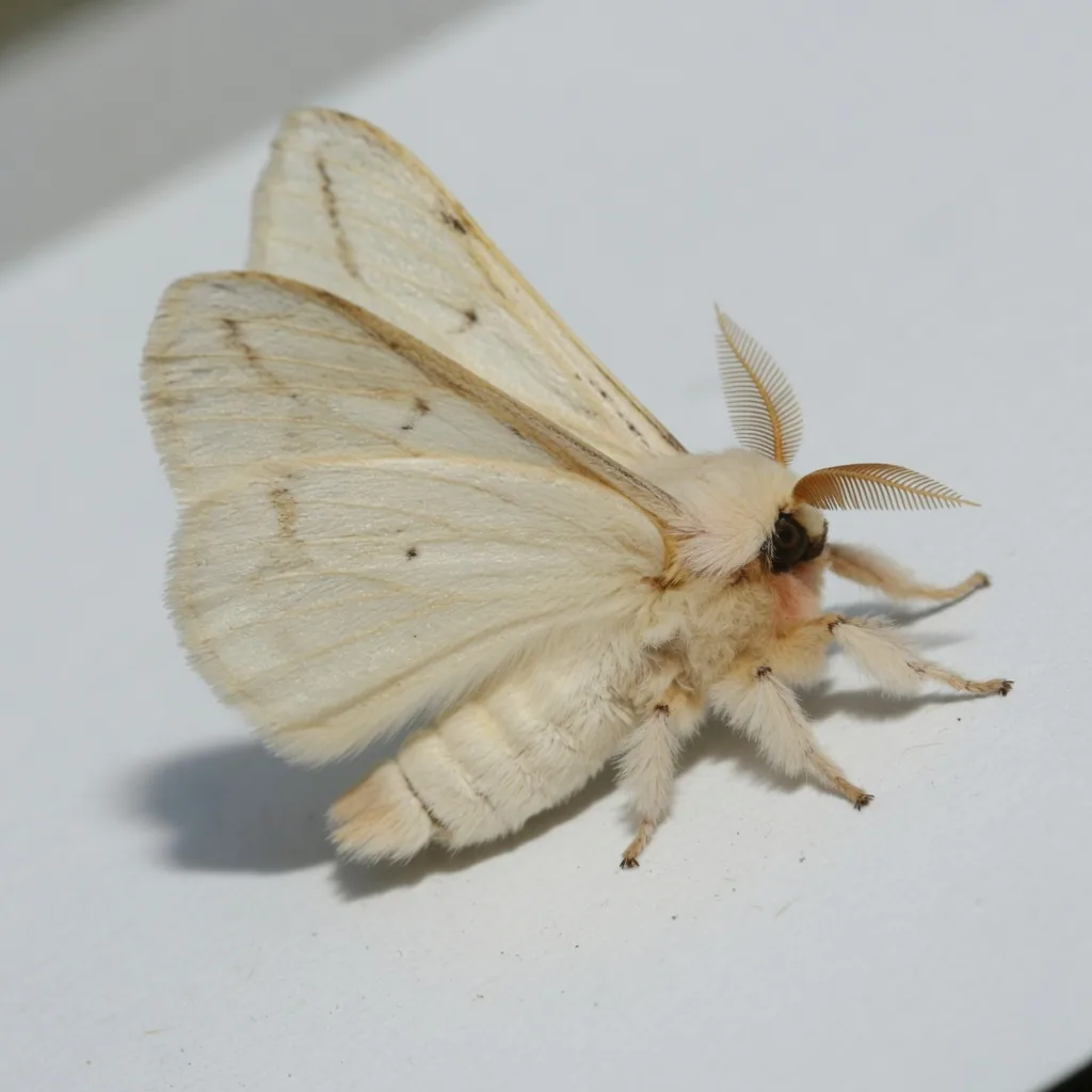 An adult silk moth (Bombyx mori) with pale wings and cream-white body, showing the final stage after the cocoon