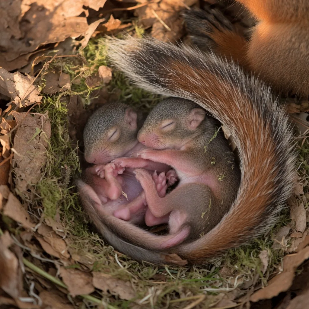 Two tiny newborn baby squirrels nestled together in a soft nest of leaves and moss, eyes still closed