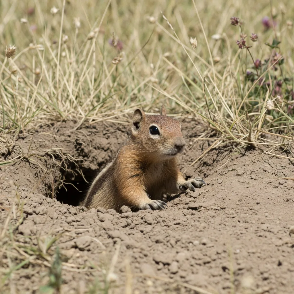 A ground squirrel peering out from its burrow entrance in dry prairie soil