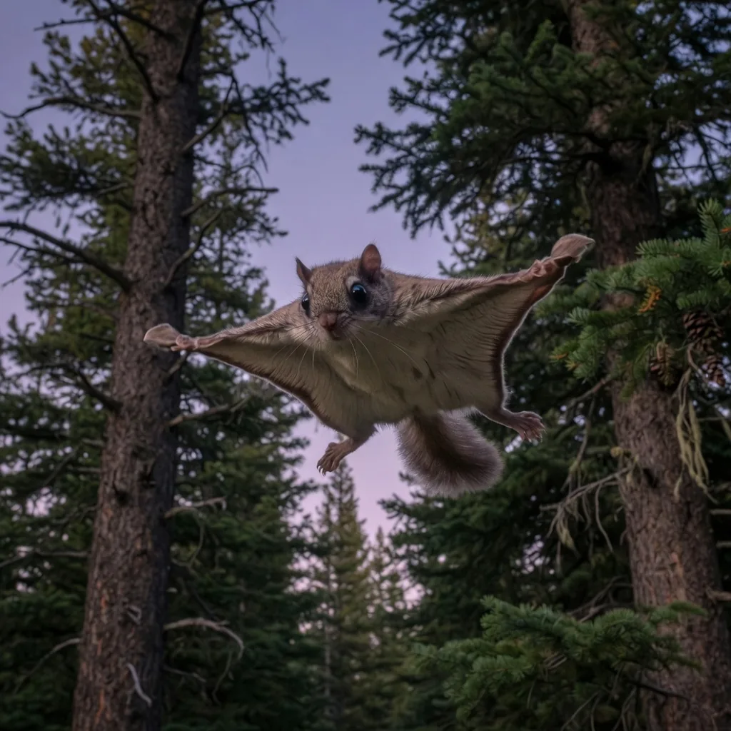 A northern flying squirrel gliding between pine trees at dusk, patagium membrane fully extended