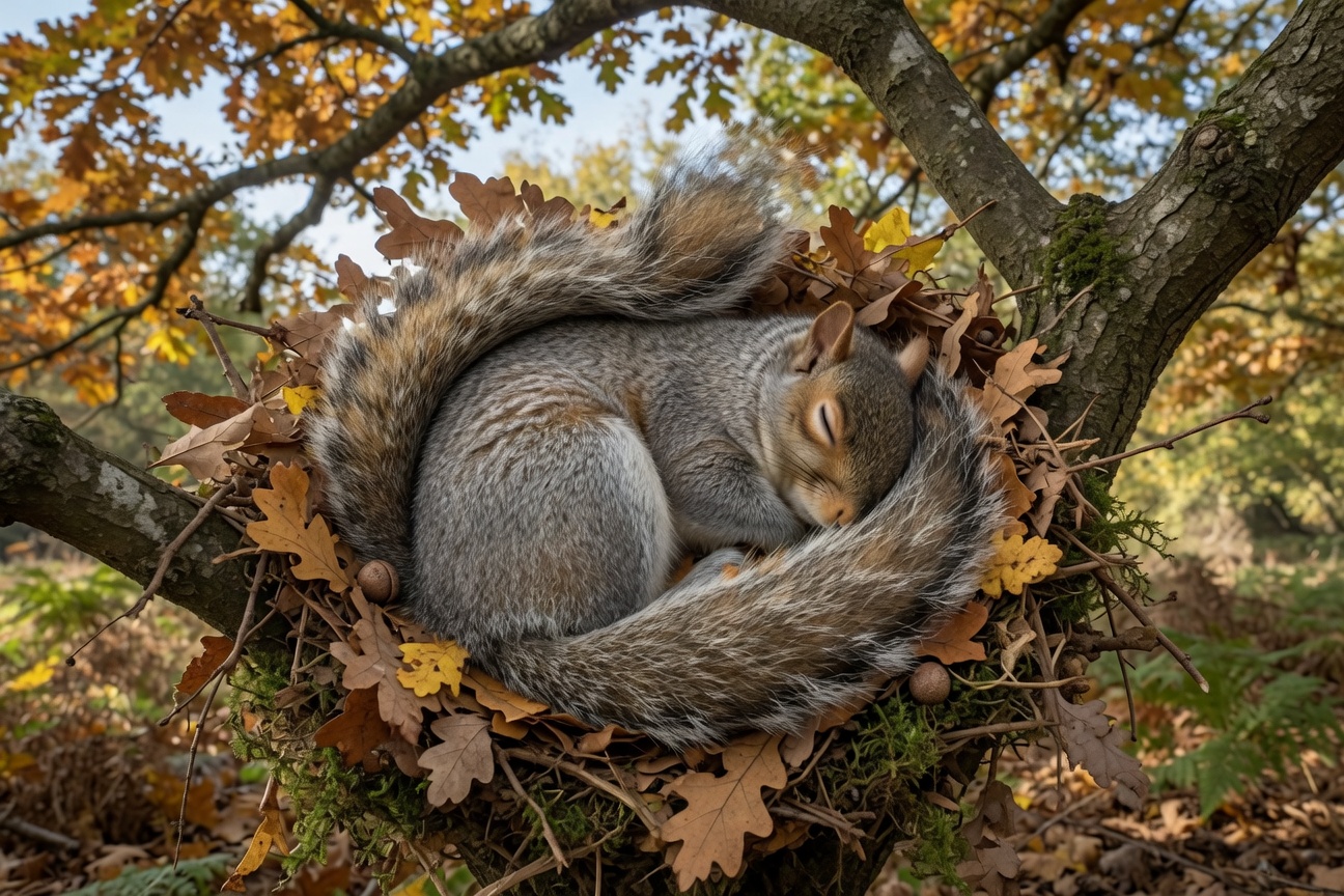 A grey squirrel sleeps curled up in a leafy nest high in a tree.
