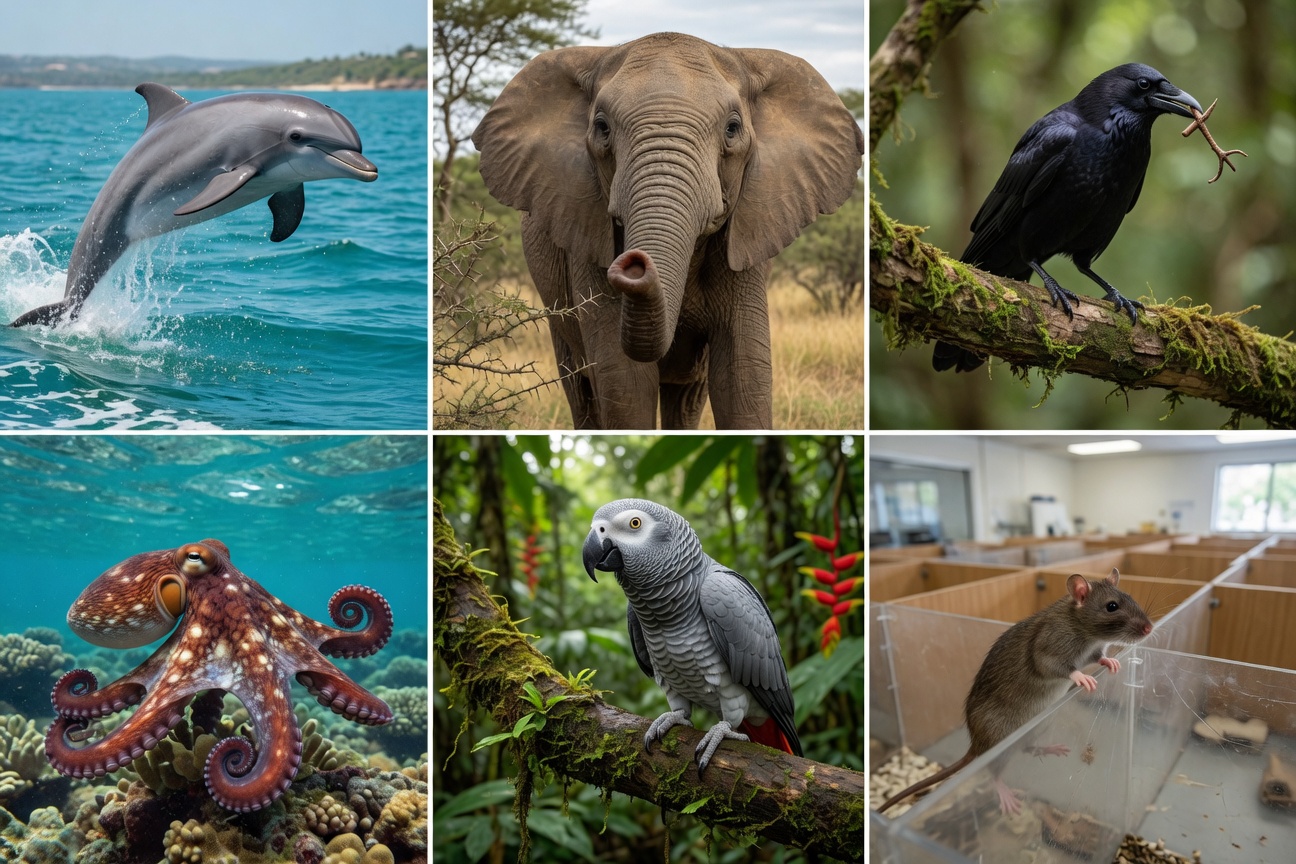 A collage showing a jumping dolphin, an elephant, a crow holding a twig, an octopus, a parrot, and a rat in a maze.