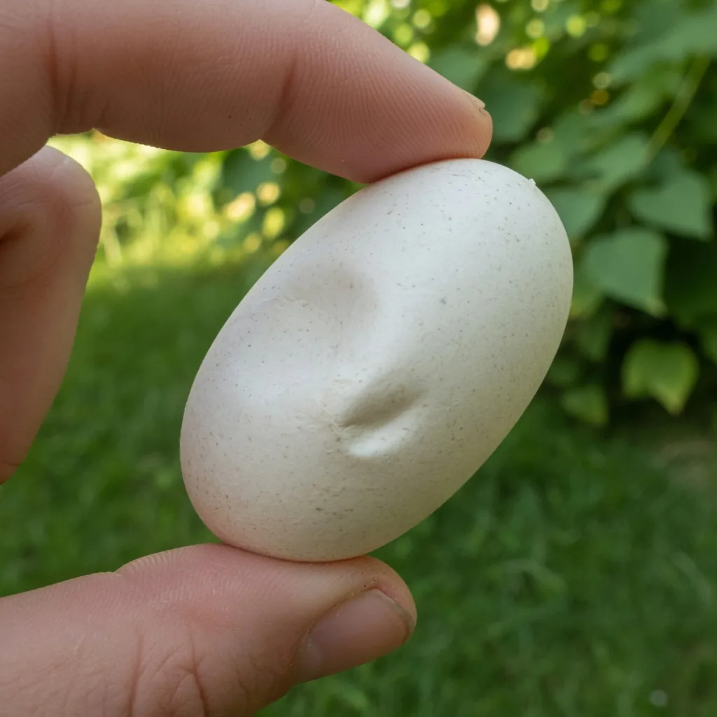A single leathery snake egg held in fingers, denting under light pressure