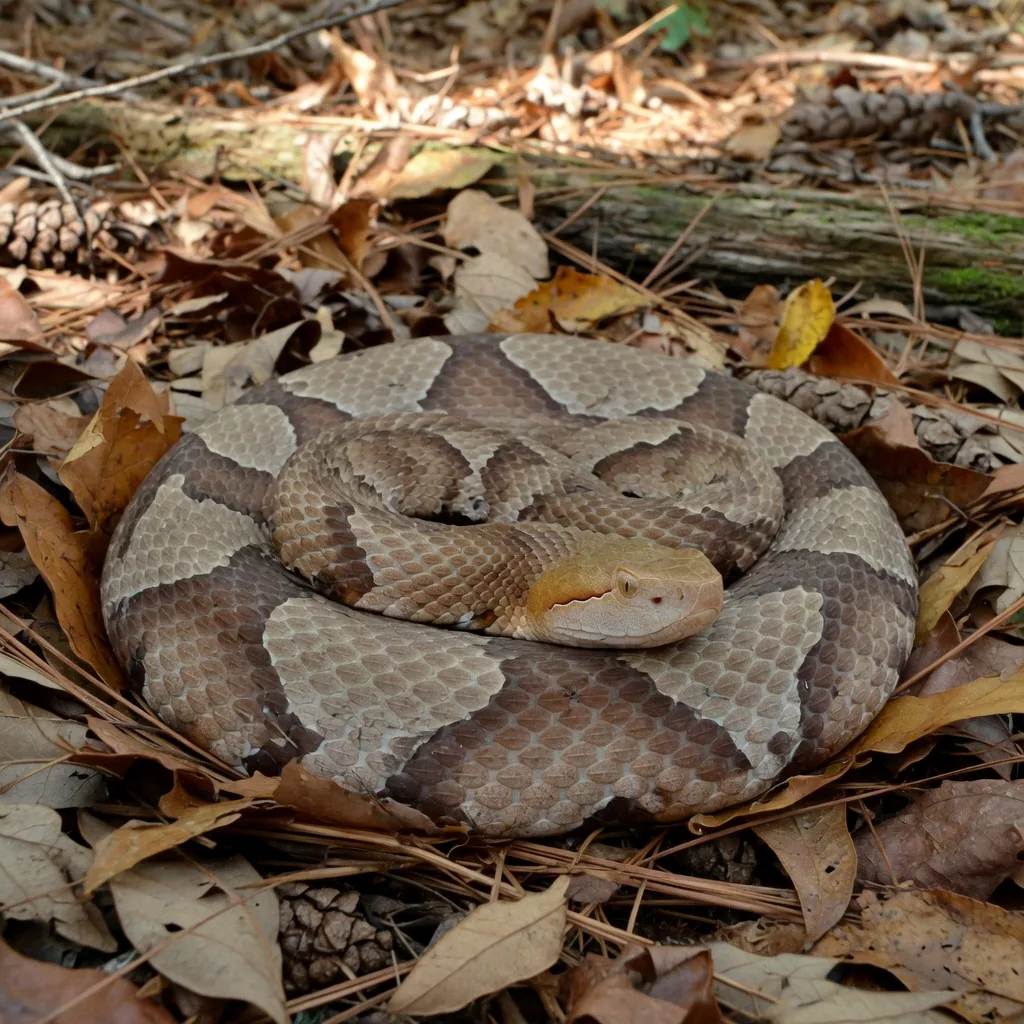 Copperhead snake coiled on autumn leaves showing distinctive hourglass copper-brown pattern
