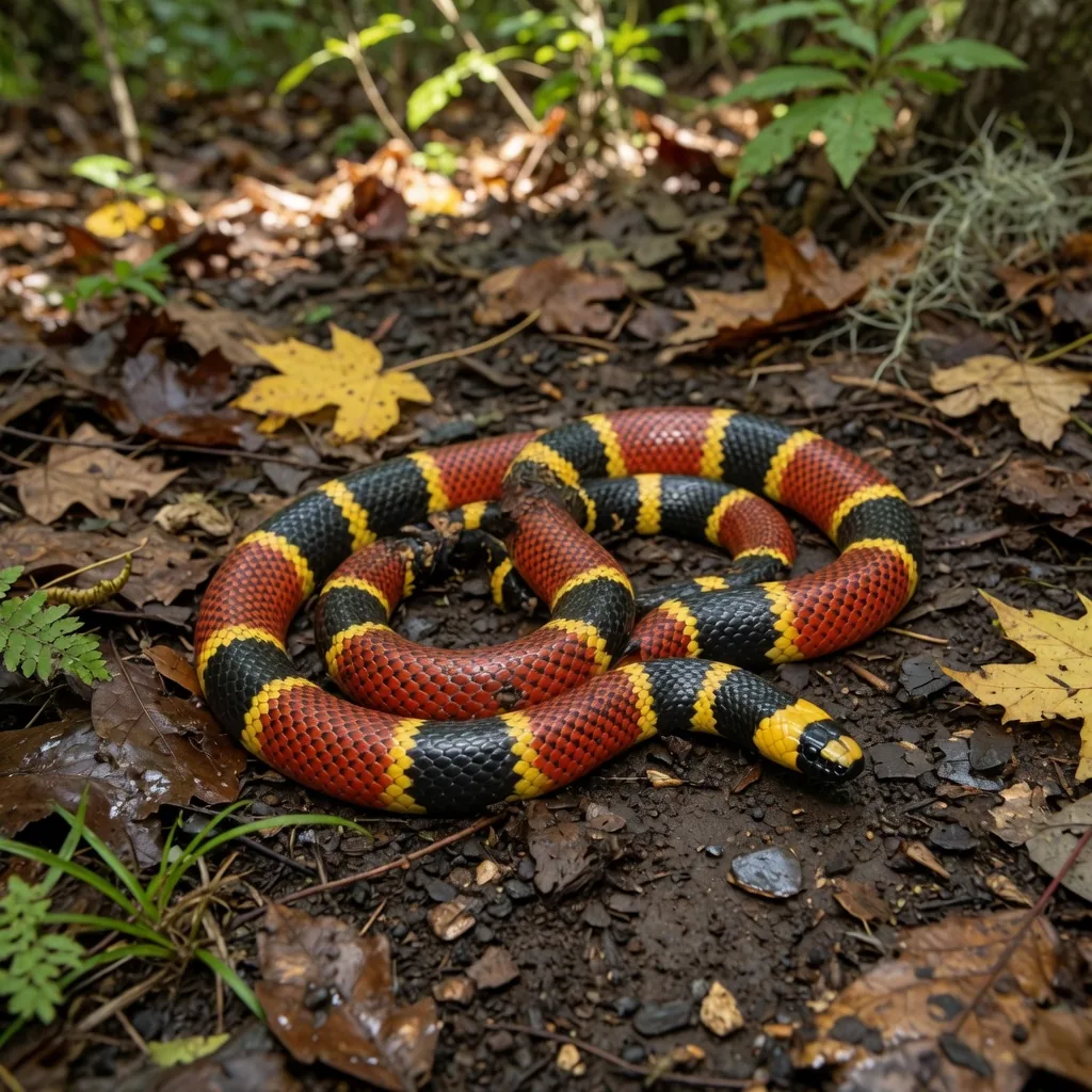 Texas Coral Snake showing vivid red, yellow and black banding on glossy smooth body
