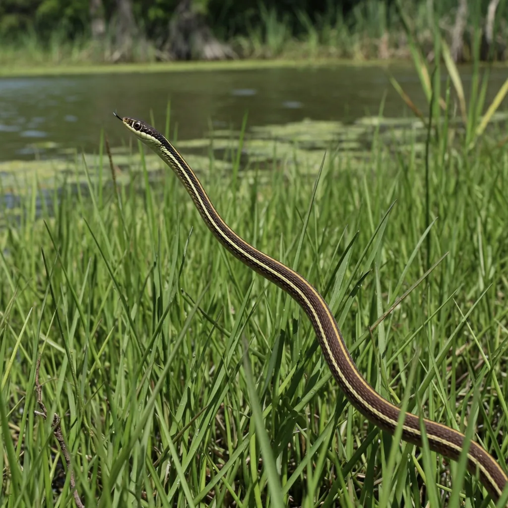 Western Ribbon Snake gliding through marsh grass showing bright yellow central stripe on dark-brown body