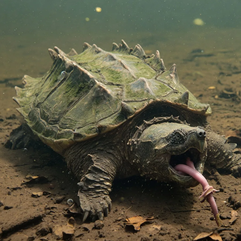 Alligator snapping turtle with mouth open, showing the pink worm-like tongue appendage used to lure fish