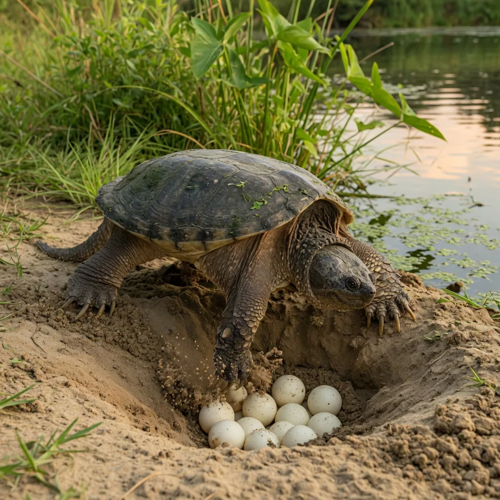 Female snapping turtle digging a nest and laying eggs in sandy soil