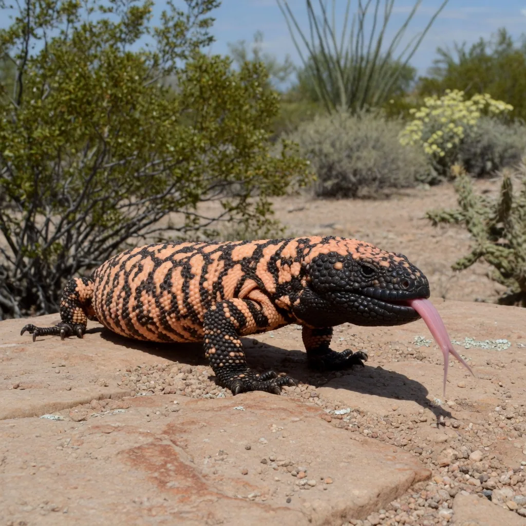 Banded Gila monster close-up showing vivid orange-black beaded scales