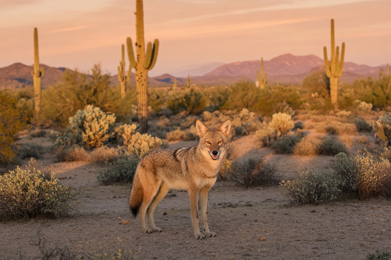 A coyote stands alert in a desert landscape with tall saguaro cacti and distant mountains at sunset.