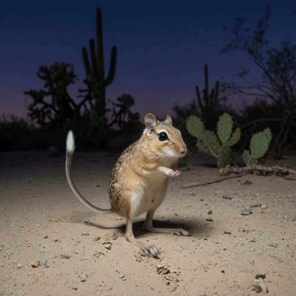 Kangaroo rat perched upright on sandy desert soil at night