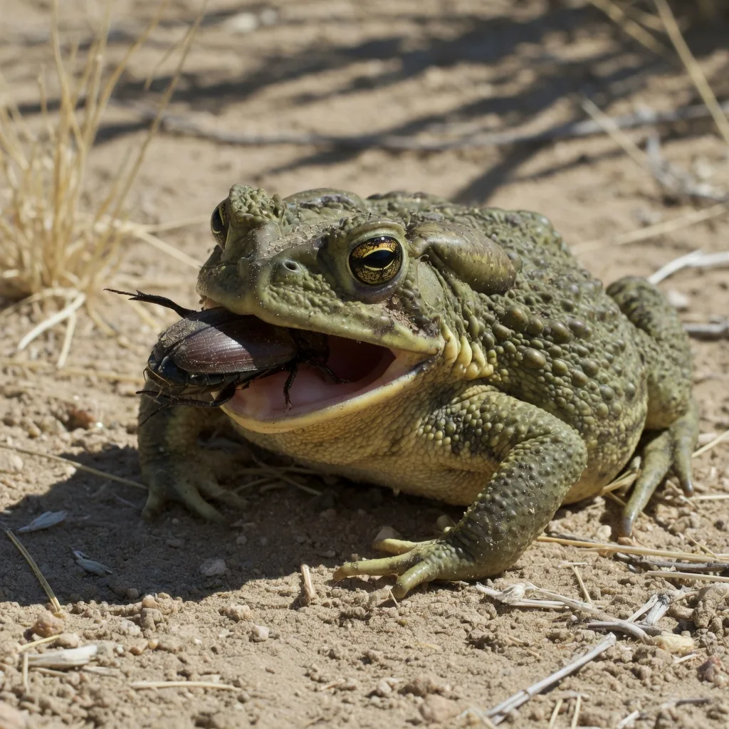 Sonoran desert toad eating a beetle on desert soil