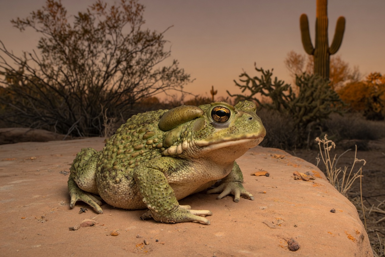 A large Sonoran Desert toad rests on a rock with a Saguaro cactus and desert shrubs in the background.